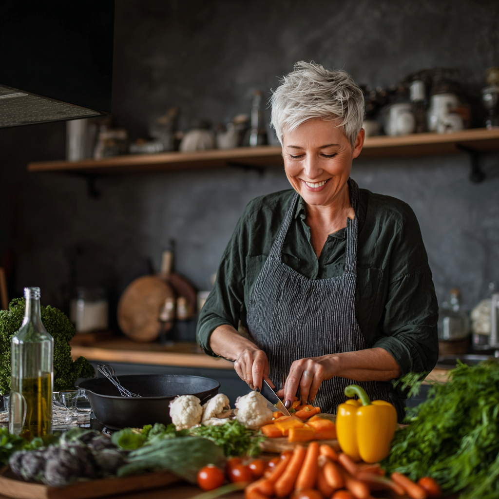Middle-aged woman preparing healthy meal in modern kitchen with fresh vegetables