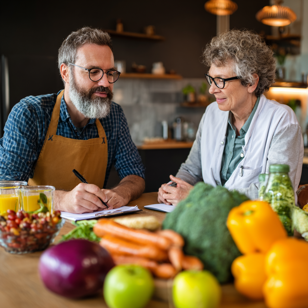 Senior nutritionist consulting with middle-aged client over healthy meal planning with colorful vegetables and grains on table